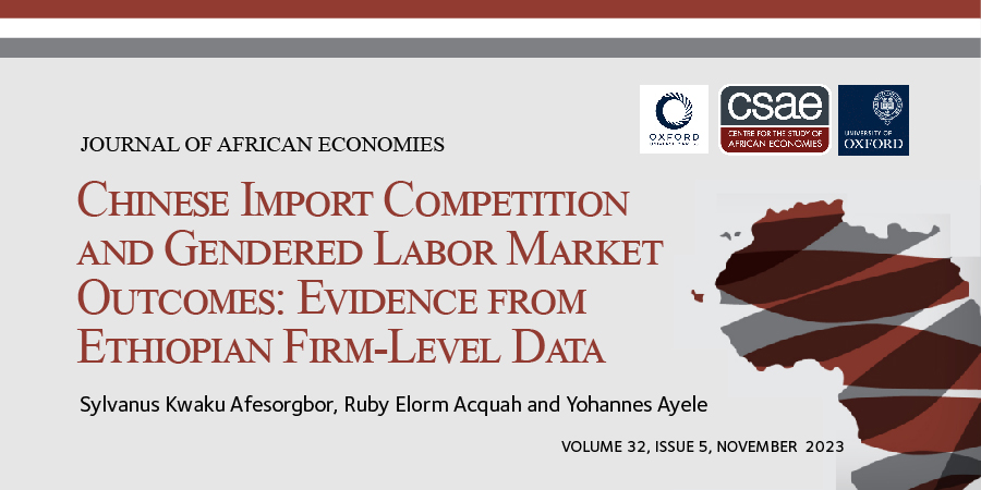 CSAE (@oxford_csae) on Twitter photo 📚The CSAE’s #JournalofAfricanEconomies Nov 2023 issue includes 'Chinese Import Competition & Gendered Labor Market Outcomes: Evidence from Ethiopian Firm-Level Data'.
🖋️Sylvanus Kwaku Afesorgbor, Ruby Elorm Acquah & <a href="/yohannesecon/">Yohannes Ayele</a>
Read: doi.org/10.1093/jae/ej…
@OUPEconomics 📚The CSAE’s #JournalofAfricanEconomies Nov 2023 issue includes 'Chinese Import Competition & Gendered Labor Market Outcomes: Evidence from Ethiopian Firm-Level Data'.
🖋️Sylvanus Kwaku Afesorgbor, Ruby Elorm Acquah & <a href="/yohannesecon/">Yohannes Ayele</a>
Read: doi.org/10.1093/jae/ej…
@OUPEconomics