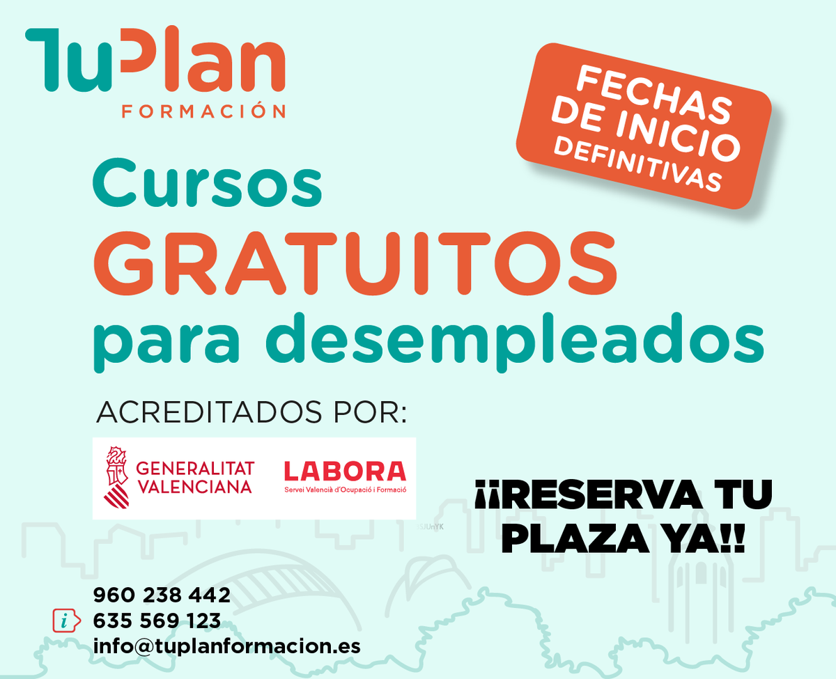 tuplanformacion's tweet photo. FECHAS DEFINITIVAS de inicio de #cursos #GRATUITOS para #desempleados
consútalas en:
https://t.co/KxH6XnDki0
con la colaboración de #LABORA, #GeneralitatValenciana https://t.co/HqSEk25jR4