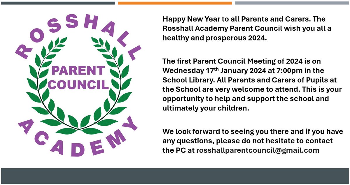 Happy New Year everyone. Details for the next Parent Council Monthly Meeting on 17th Jan 2024. Look forward to seeing as many of you there as possible.