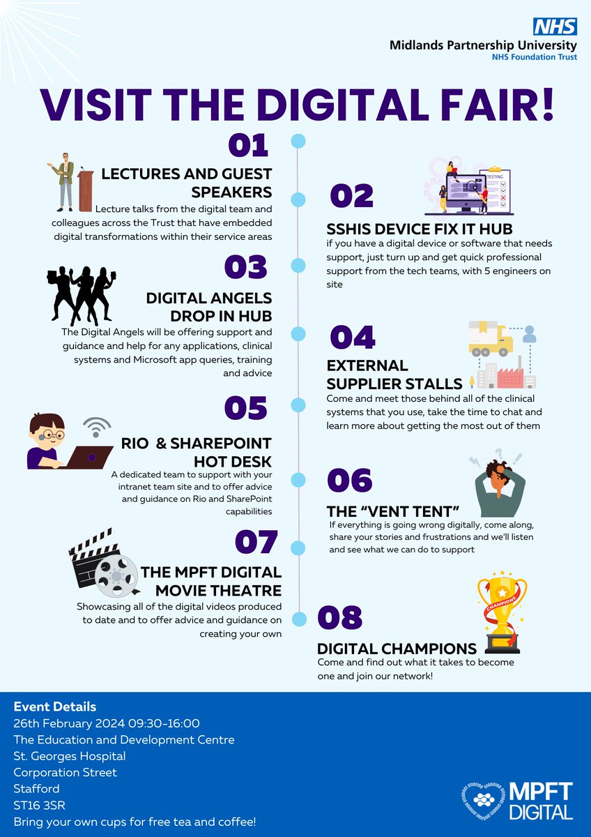 A warm invitation to all staff at @mpftnhs on the 26/02/2024 to drop-in to the Digital Fair! Visit the 'Fix-it-hub' for your work device, Digital Angels support, supplier stalls that manage clinical systems, SharePoint support, and the Digital movie theatre🎬 @itmpft 🏥💻