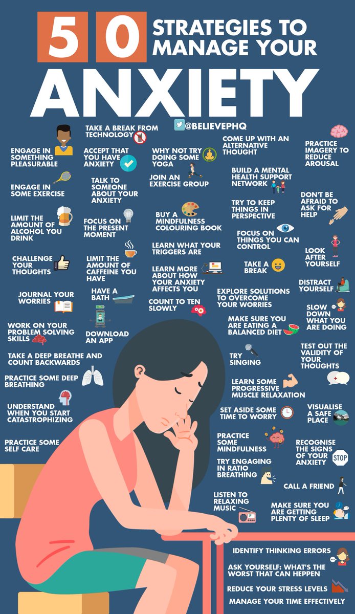 Please re-Tweet these 50 strategies to those in need to manage #anxiety. (image: @BelievePHQ) #mentalhealth #Alzheimers #dementia #caregiving