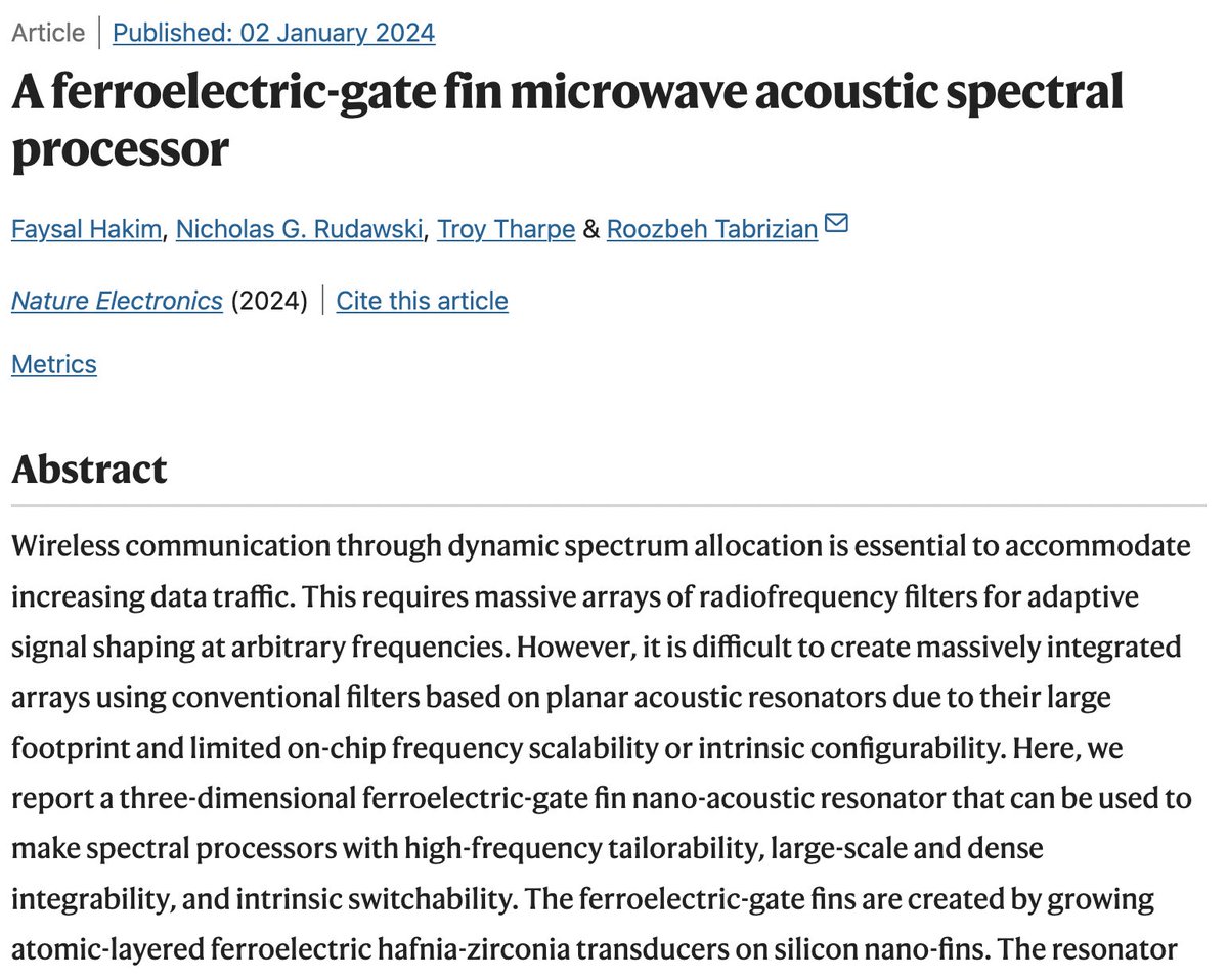 Huge congrats to Dr.<a href="/TabrizianR/">Roozbeh Tabrizian</a>, Faysal Hakim, and Troy Tharpe on their Nature Electronics publication! This groundbreaking work showcases <a href="/UFRSC/">UF Research Service Centers</a>'s world-class capabilities in realizing super-complex devices comparable to state-of-the-art transistors. nature.com/articles/s4192…