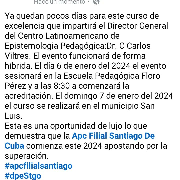 Estimados usuarios de la plataforma X, les invitamos a participar en el curso "Epistemología Pedagógica y Educación Popular" que será impartido por el Dr. C Carlos Viltres, presidente del Centro Latinoamericano de Estudios sobre Epistemología Pedagógica.