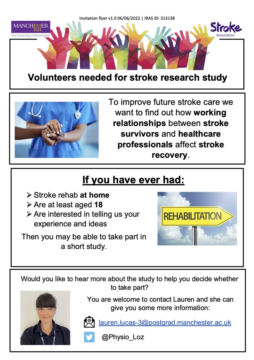 Are you: adult #StrokeSurvivor ✅ in the UK ✅ interested in research ✅? @TheStrokeAssoc has funded Lauren @physio_loz for a PhD @officialUoM with @audreybowenprof to improve community stroke rehab See details: D/M or email Lauren for info Please RT