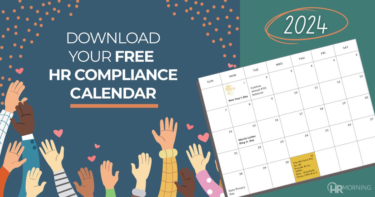 Our FREE #HR compliance calendar is your 2024 secret weapon. It's an HR pro's dream, with timely compliance reminders, to-do suggestions, project ideas and more. Download it here: rfr.bz/t8ur7f9 #HRcalendar #HRtools #Compliance