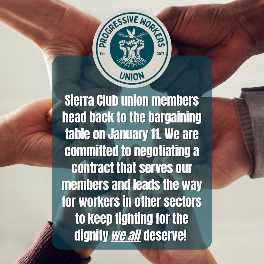PWUnion1's tweet image. Update from the @SierraClub bargaining table: 

Management refused proposals to extend the current contract, allowing it to expire on January 1, 2024. We are standing strong, and will not be bullied into allowing management to gut worker protections and reduce pay and benefits.
