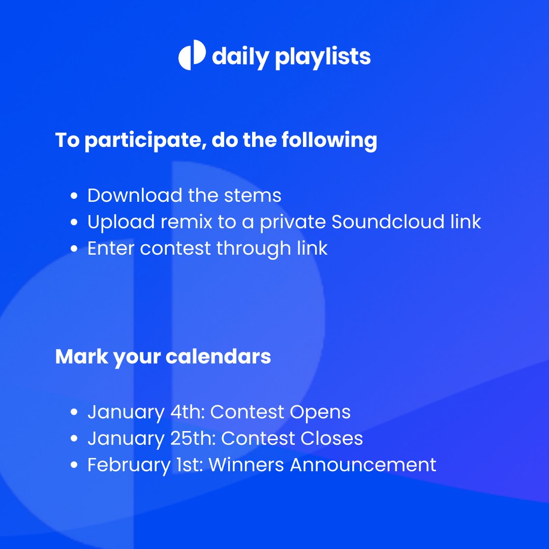 Daily Playlists (@daily_playlists) on Twitter photo Attention Artists ⚠️ We have some huge news to start the new year! 🚀 We’ve partnered up with <a href="/chillspace6/">Chill Space</a> for an epic remix contest 🔥
Participate for a Remix Release with Chill Space Records and DailyPlaylists prize packages! 👀 More info in our blog⭐️ dailyplaylists.com/blog/remix-con… Attention Artists ⚠️ We have some huge news to start the new year! 🚀 We’ve partnered up with <a href="/chillspace6/">Chill Space</a> for an epic remix contest 🔥
Participate for a Remix Release with Chill Space Records and DailyPlaylists prize packages! 👀 More info in our blog⭐️ dailyplaylists.com/blog/remix-con…