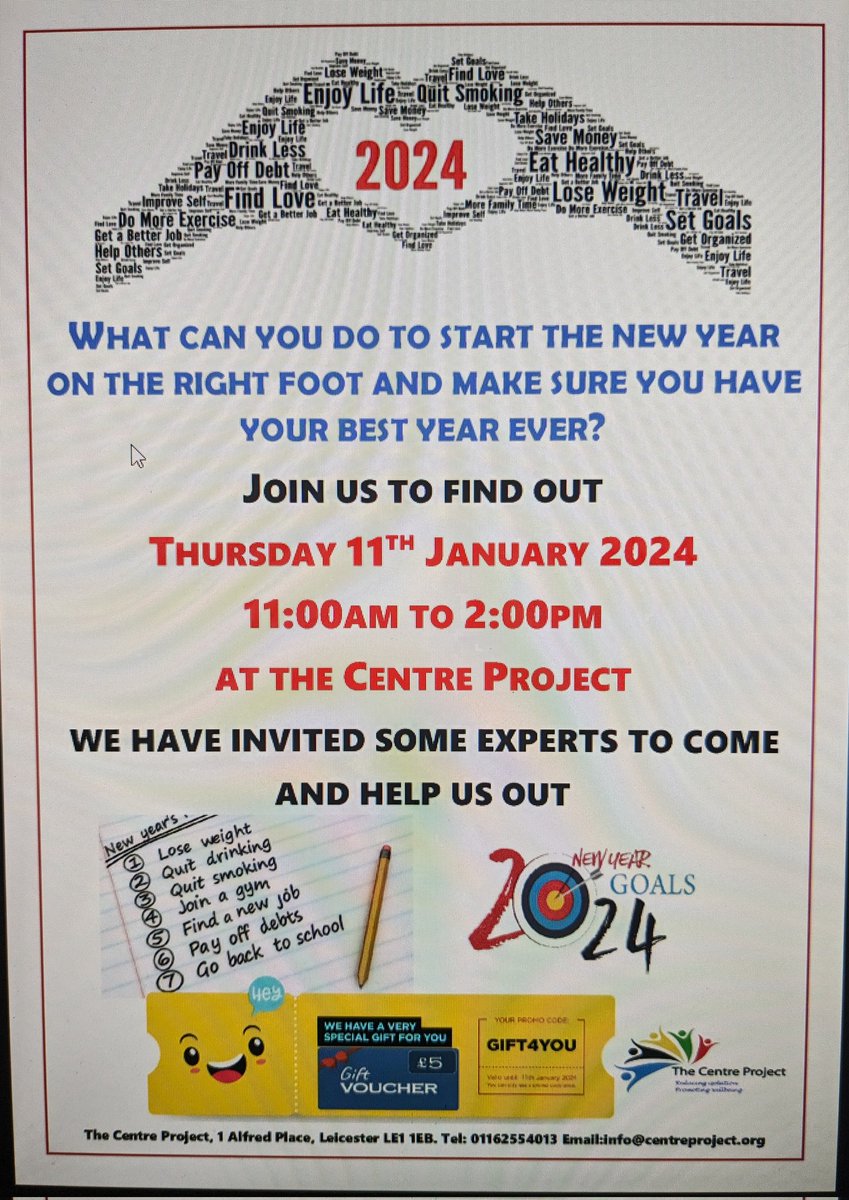 Make 2024 the best year ever. Please help spread the word re this fab event in Leicester <a href="/centreproject/">The Centre Project</a> - <a href="/SAHealthAction/">SAHA UK</a> @EACharnwood <a href="/shamacentre/">Shama Women's Centre</a> <a href="/RPpeople/">Reaching People Leicester</a> <a href="/LeicsCares/">Leicestershire Cares #TogetherWeCan</a> <a href="/StMatthewsBL/">StMatthews Big Local</a> <a href="/WesleyHallCC/">WesleyHall</a> <a href="/counciloffaiths/">Leicester Council of Faiths</a> <a href="/LiveWellLeics/">Live Well Leicester</a> <a href="/HealthwatchLeic/">Healthwatch Leicester and Leicestershire</a>  👇