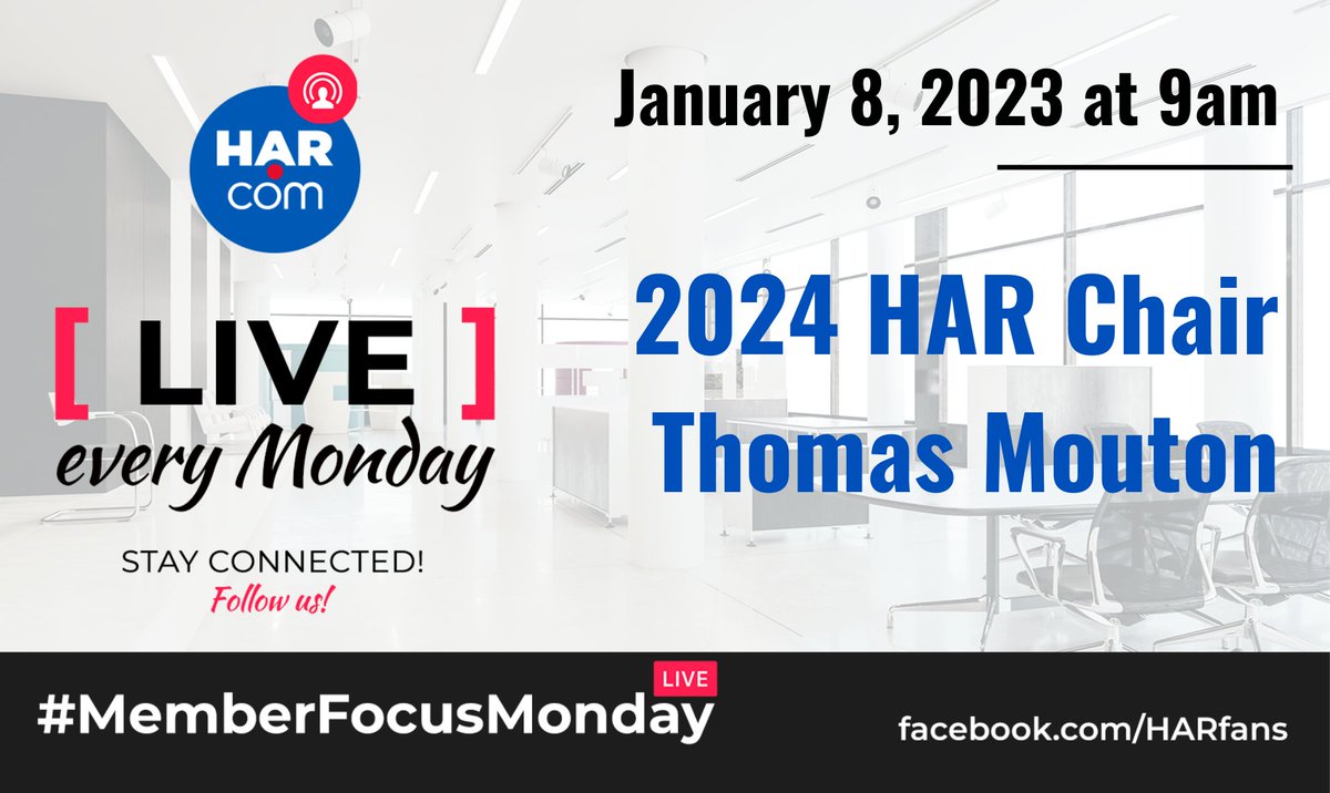 HARMembers's tweet photo. For the first #MemberFocusMonday of the year, we’re welcoming 2024 HAR Chair Thomas Mouton! Tune in to hear his thoughts on challenges affecting the real estate market, his goals as Chair, and his predictions for the Houston real estate market in 2024. https://t.co/QHawsmPwQK https://t.co/qiPDxFAY9m