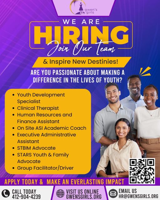 We’re hiring!!! Find a full list of our current job opportunities on the career page of our website.
Log onto GwensGirls.org