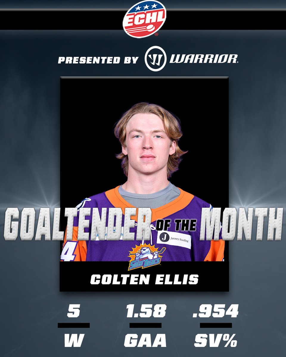Colten Ellis of the <a href="/OrlandoHockey/">Orlando Solar Bears</a> has been named the <a href="/WarriorHockey/">Warrior Hockey</a> #ECHL Goaltender of the Month for December😎🌞