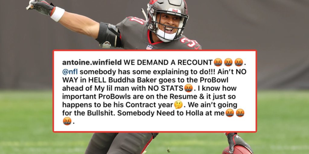 NFL_DovKleiman's tweet photo. Antoine Winfield Sr. is PISSED #Cardinals Budda Baker made the Pro Bowl ahead of his son, #Buccaneers Antoine Winfield Jr.:

Baker = 77 tkls, 0 INTs, 0 FFs, 0 FRs, 0 sacks in 11 games

Winfield = 117 tkls, 5 FFs, 4 FRs, 5 sacks, 3 INTs in 16 games

(h/t @gregauman) https://t.co/r8Cn9jOLht