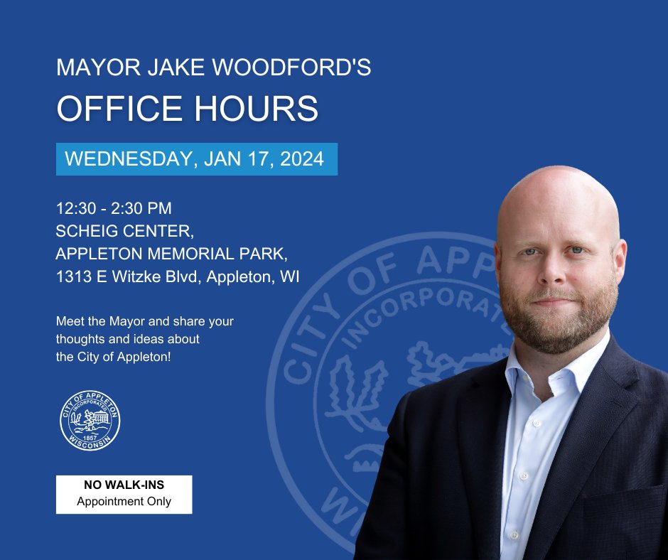 SAVE THE DATE 🗓️ ✅ - January Office Hours with Mayor Woodford 🗓️When - Wednesday, January 17, 2024 from 12:30 - 2:30 pm 📍Where - Scheig Center, 1313 E Witzke Blvd, Appleton, WI 54911 To register, please call 📞 at (920) 832 - 5814 or email mayor@appleton.org