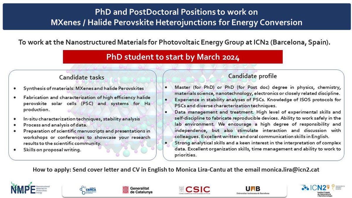 Monica Lira-Cantu (@monicaliracantu) on Twitter photo Dear all, We are hiring!! PhD and Potdoctoral position in my group! #perovskite #Mxenes <a href="/icn2nano/">Catalan Institute of Nanoscience & Nanotechnology</a> Dear all, We are hiring!! PhD and Potdoctoral position in my group! #perovskite #Mxenes <a href="/icn2nano/">Catalan Institute of Nanoscience & Nanotechnology</a>