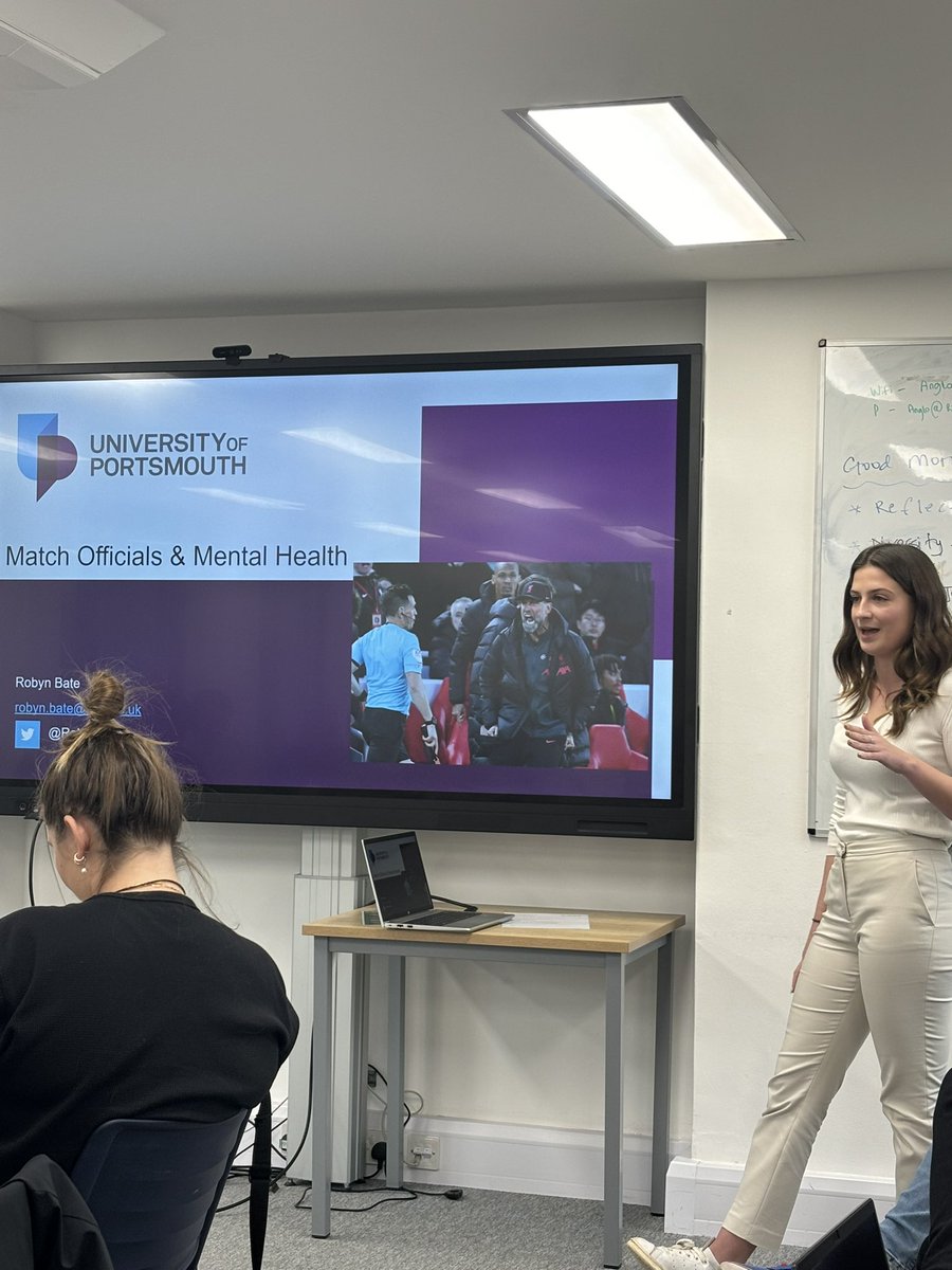 TingleJK's tweet photo. So happy to hear a talk from @RobynBate about Match Officials &amp; #MentalHealth. The presentation was engaging &amp; challenged our students to bring their brains to class. I loved the exercise asking students to design an intervention to improve the mental health of match officials. https://t.co/7vaL1ie42t