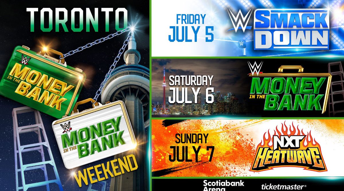BREAKING: WWE have announced that Money in the Bank 2024 will emanate live from the Scotiabank Arena in Toronto Canada.

Scotiabank Arena will also host the following events for that week:

— July 5th: #SmackDown 
— July 6th: #MITB
— July 7th: #NXTHeatwave