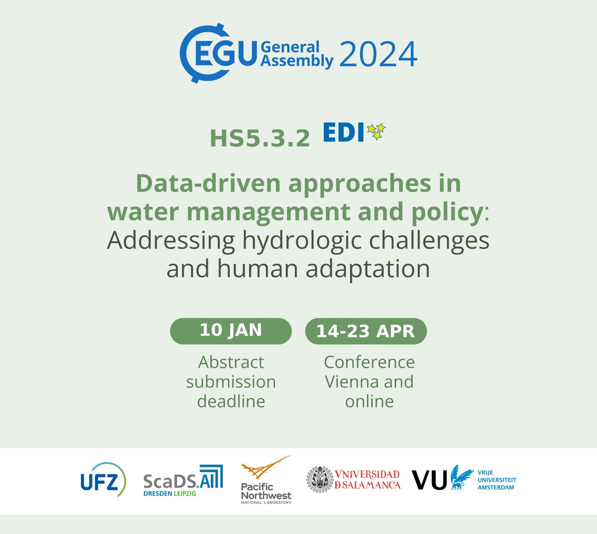 Christian Klassert (christianklassert.bsky.social) (@chrisklassert) on Twitter photo Six days are left to submit an abstract to #EGU24. Please check out our call for abstracts: meetingorganizer.copernicus.org/EGU24/session/…
<a href="/taismncarvalho/">Taís Carvalho</a> <a href="/jimjyoon/">Jim Yoon</a> <a href="/water_wader/">C. Dionisio Pérez-Blanco</a> @MartheWens Six days are left to submit an abstract to #EGU24. Please check out our call for abstracts: meetingorganizer.copernicus.org/EGU24/session/…
<a href="/taismncarvalho/">Taís Carvalho</a> <a href="/jimjyoon/">Jim Yoon</a> <a href="/water_wader/">C. Dionisio Pérez-Blanco</a> @MartheWens