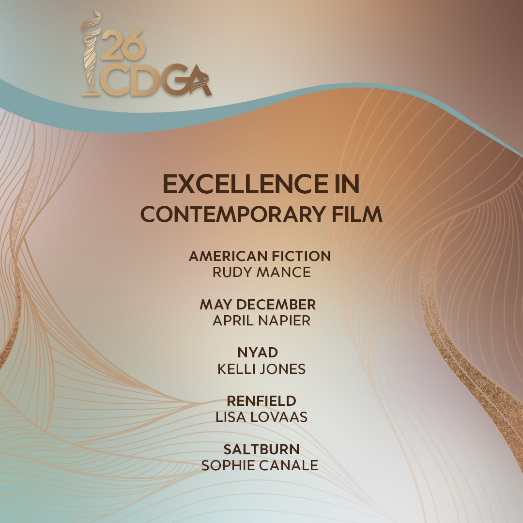 Congratulations to the 26th CDGA nominees for Excellence in Contemporary Film! Visit our site for the complete list of nominees, including assistant costume designers, who are active @CDGlocal892 members. #CDGA #CostumeDesignersGuild #CDG892