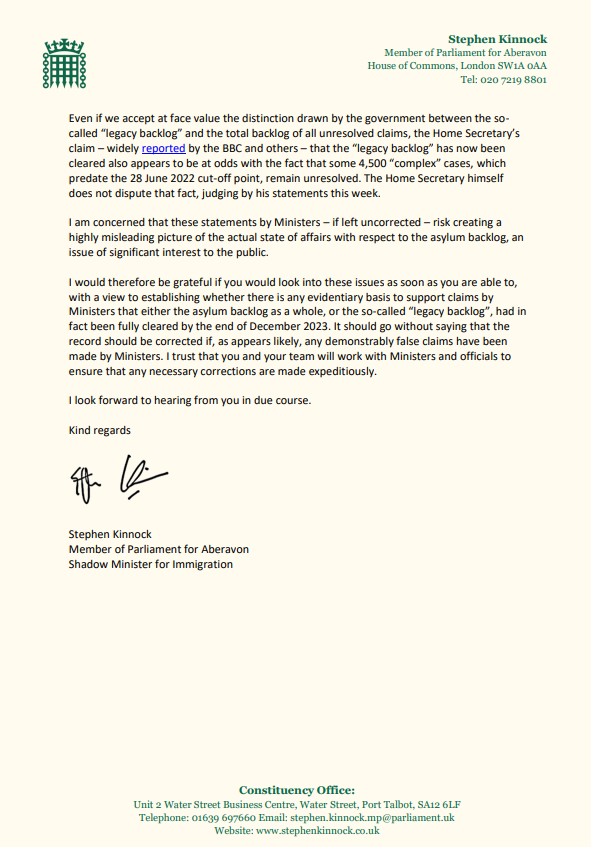 I have sent this letter to the UK Statistics Authority, regarding the Prime Minister’s deeply misleading claim this week about the asylum backlog…