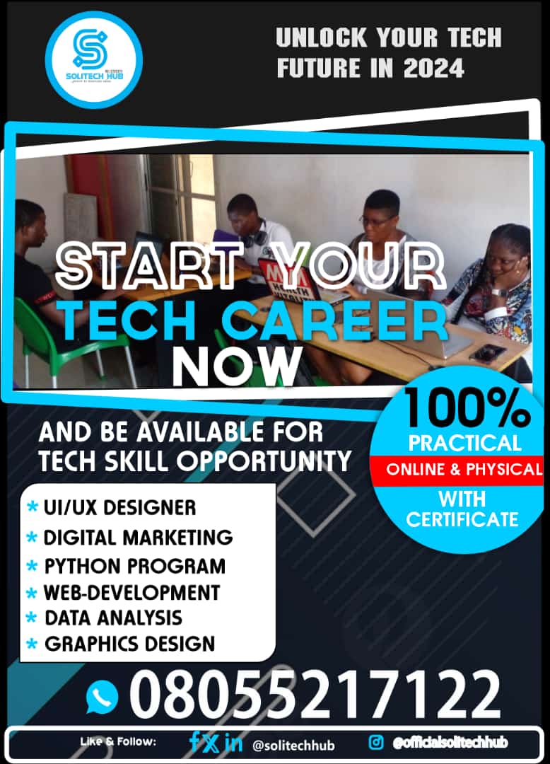 SolitechH's tweet photo. start your Tech career in 2024 and be available for Tech Skill in LOCAL/FOREIGN opportunity. Get register now. https://t.co/0fkVV7nTKa #Techskill #digital #digitalskills  #coder #NewBeginnings #startup https://t.co/hPLPiNQb5R