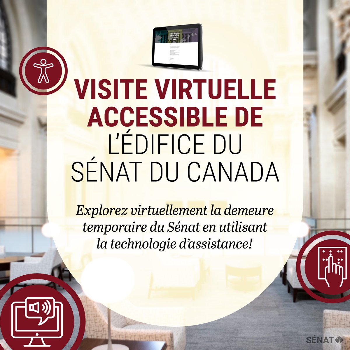 SenatCA's tweet photo. Explorez virtuellement la demeure temporaire du Sénat en utilisant la technologie d’assistance, y compris les afficheurs braille! Commencez votre visite : https://t.co/EyA7m1TuOC

#SenCA https://t.co/xBW14WT2Xj