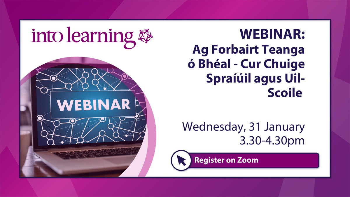 INTOnews's tweet photo. 📣 In the final installment of #INTOLearning /Foras na Gaeilge webinar series, register now for Ag Forbairt Teanga ó Bhéal - Cur Chuige Spraíúil agus Uil-Scoile with Ciana Callanan.
📅 31 Jan, 3.30pm
🔗 Register: https://t.co/MKCiqSkufN https://t.co/2iqjkzIApK