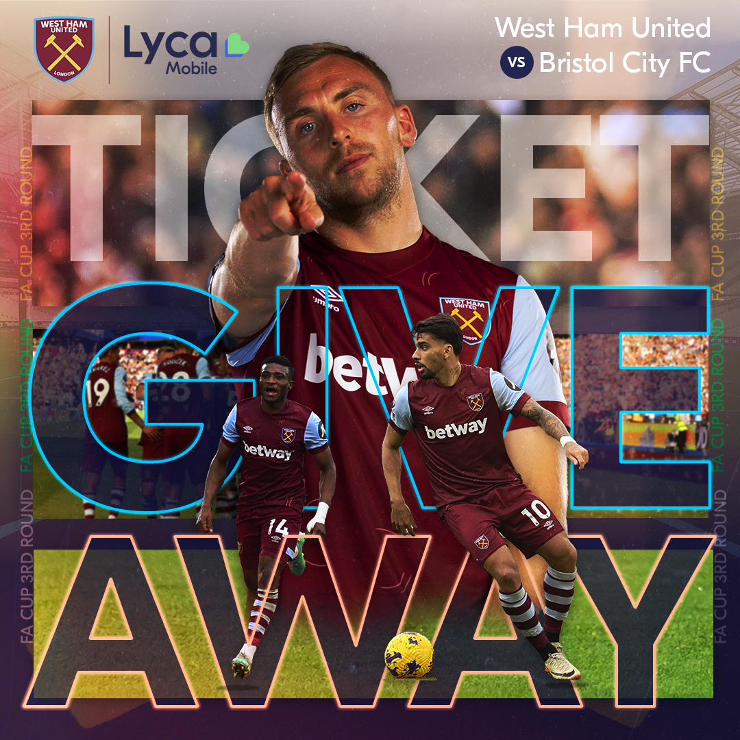 LycamobileUK's tweet photo. New Year New Ticket Giveaways. Here's your chance to get a pair of tickets to watch the FA Cup 3rd Round match between @WestHam vs #BristolCityFC on 7 January at 14:00. All you have to do is RT, follow, and tag your +1 in the comments. The giveaway ends on 5 January at 14:00🤞 https://t.co/ESV4xxWWOp