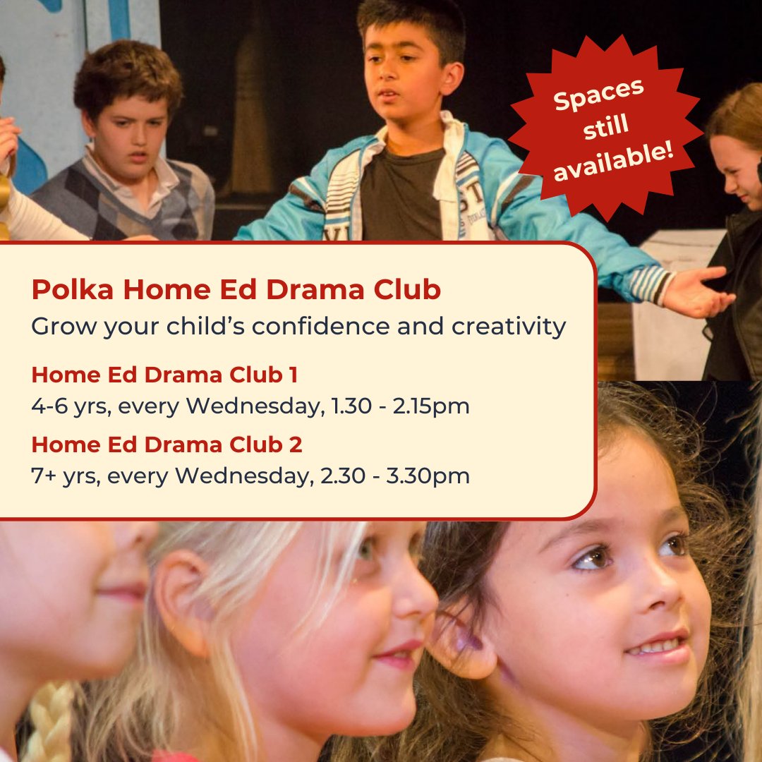 Spaces are still available for our Home Ed Drama Club sessions starting next week!

Grow your child's confidence, creativity and performance skills through drama and storytelling. 
Book today >> polkatheatre.com/take-part/week…