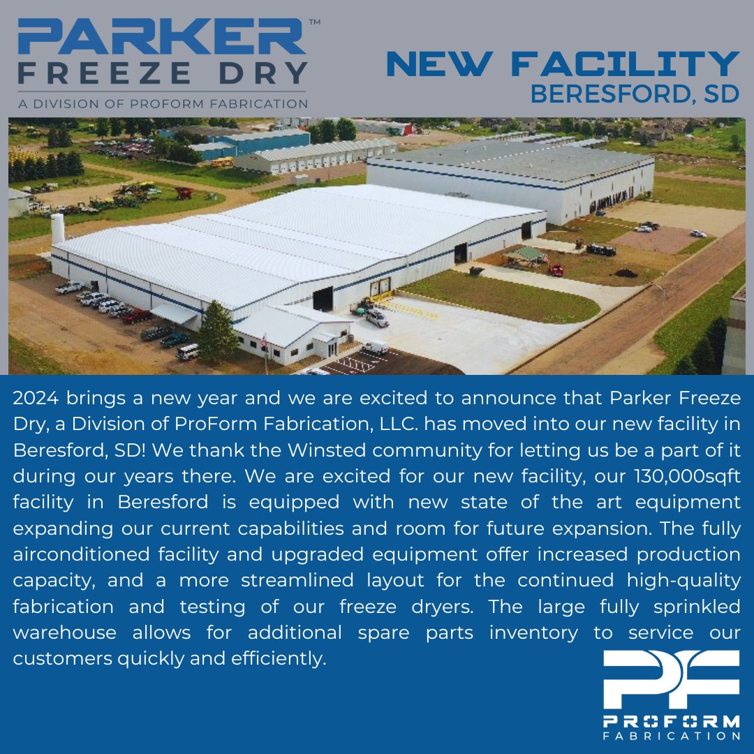 LlcProform's tweet image. With the New Year comes exciting news!  We are excited to announce the opening of our new facility in Beresford, SD.
#ParkerFreezeDry #ProFormFabrication
