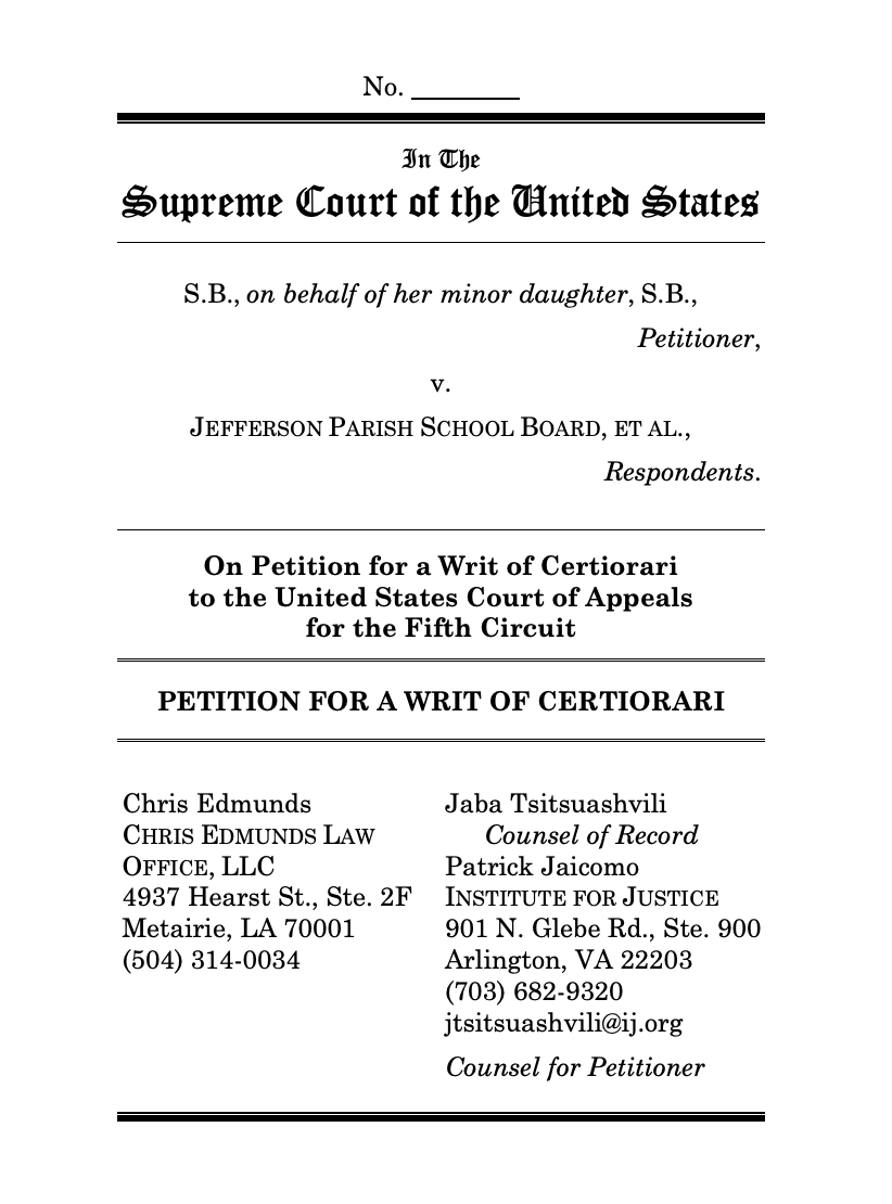 pjaicomo's tweet photo. At tomorrow's conference, #SCOUS has the opportunity to address the bizarre Fifth Circuit rule that public schools employees can beat students without any constitutional oversight.
@IJ brings the issue to #SCOTUS in its case S.B. v. Jefferson Parish.
https://t.co/WrlW0J6n6h https://t.co/Wm1VNqzUL7