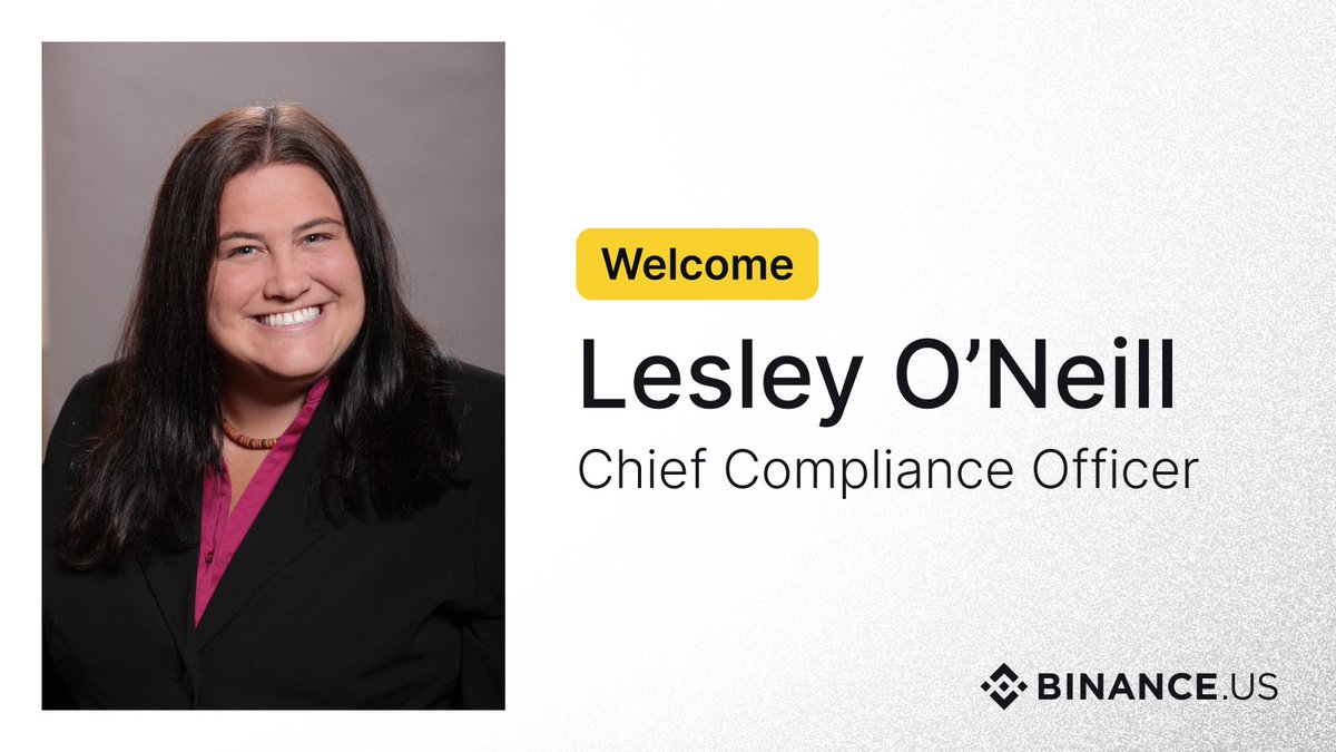 BinanceUS's tweet photo. We're thrilled to introduce Lesley O’Neill as Chief Compliance Officer. 

In her new role, she will build upon strong foundation of compliance and further strengthen its commitment to accountability &amp; transparency. 

Read: https://t.co/TMHw2fy4Ut https://t.co/JSti4YQe2q