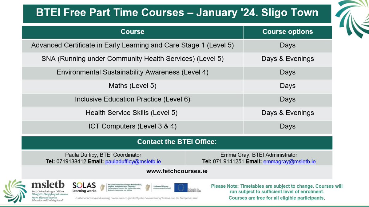 Are you interested in returning to education in 2024? We have free part time courses, QQI Levels 3-6, running in Sligo Town. Visit our website fetchcourses.ie or contact the BTEI Office for more information.
#ThisisFET #backtoeducation  #Sligo #BTEI #parttimecourse #QQI