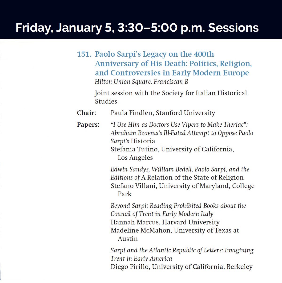 stefanovil's tweet photo. Join us at #AHA24 on Friday, 1/5, at 3:30 PM for a panel on Paolo #Sarpi and early modern politics, religion, and controversies with Stefania Tutino, Stefano Villani, Hanna Marcus, @madmcmahon, and Paula Findlen
#twitterstorians https://t.co/kzht4KgYvL