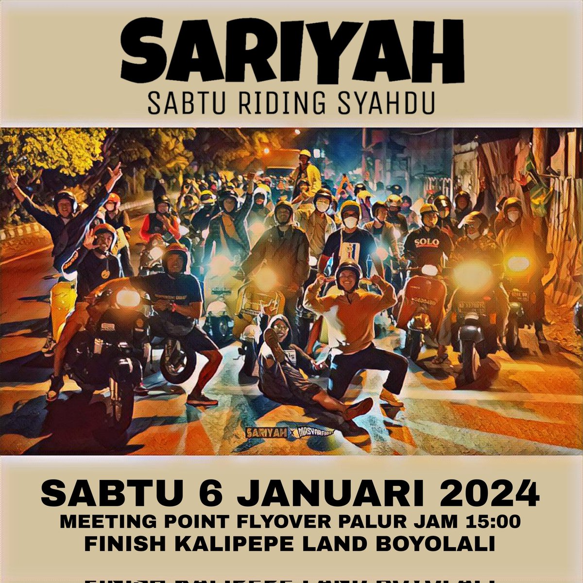 JAMAAH SARIYAH MARI MENGASPAL KEMBALI!!!

Kembali mengajak bersenang-senang dihari Sabtu 6 Januari 2024 tapi kali ini sore²an menuju acara @_karuane di Kalipepe Land Boyolali 🛵💕

"BERSCOOTER KITA BERBAHAGIA"

#sariyah #sabturidingsyahdu #vespa #vespajava #senengisodigawe