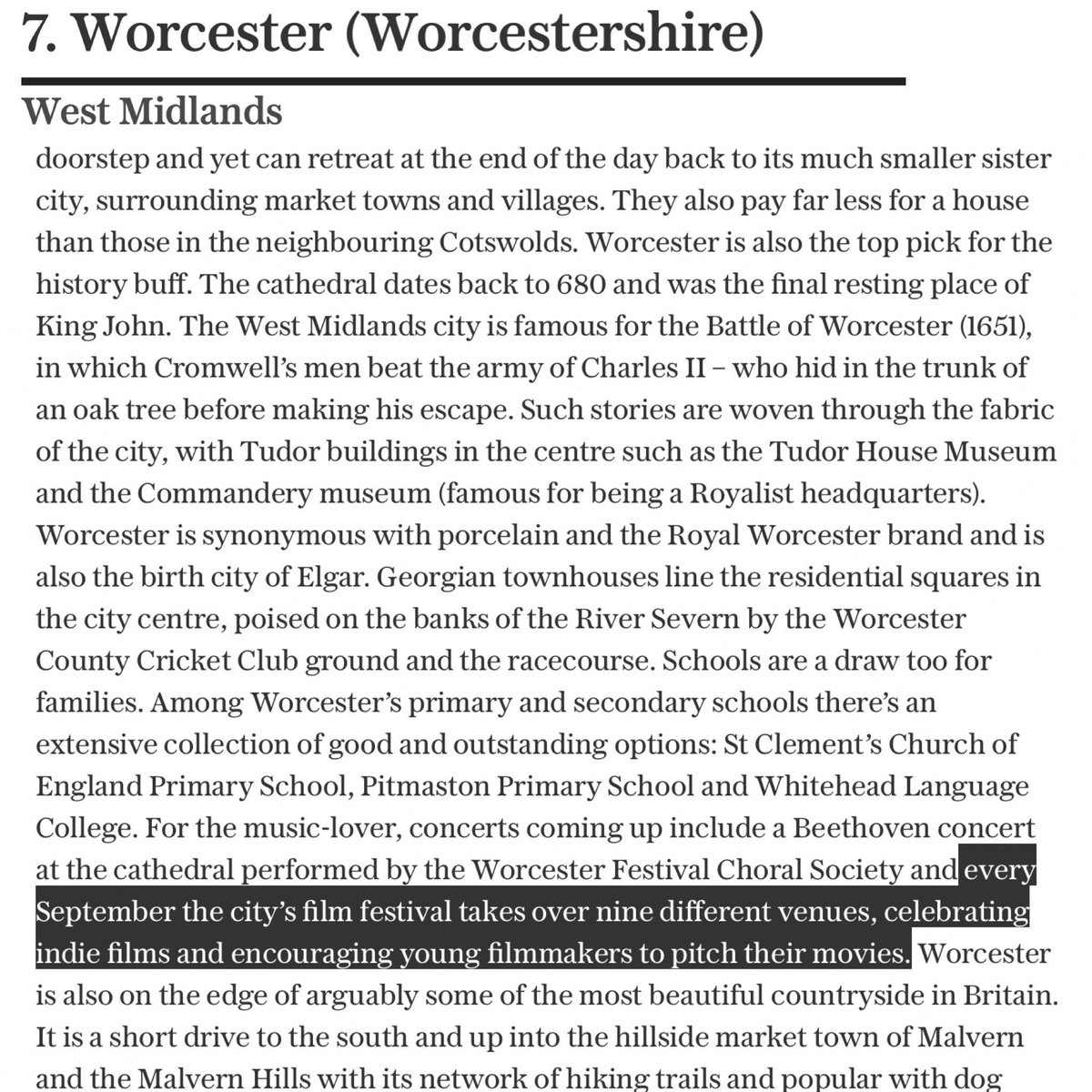 We were chuffed to be told today that not only does an article in <a href="/TheTelegraphUK/">The Telegraph</a> rank #worcester number 7 for quality of life… the festival is mentioned as one of the reasons! #Film #UKfilmfestival #qualityoflife