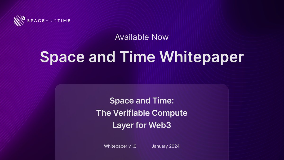 spaceandtime's tweet photo. The Space and Time whitepaper is here.

We’re proud to release v1.0 of our whitepaper, which outlines the design, implementation, and utility of the Space and Time Verifiable Compute Layer. In it, you’ll find a detailed overview of…

🚀 The Problem: Untapped Potential of Web3
🚀 The Solution: Decentralized Data Warehouse with Proof of SQL
🚀 Design of the Proof of SQL Protocol
🚀 Use Cases for the Next-Generation of Web3
🚀 Decentralized Network Value Accrual

The mass adoption of Web3 is hindered by three main problems: a poor user/developer experience, the fragmentation of blockchain ecosystems (and associated ZK toolkits), and the inherent limitations of smart contract data processing. 

Space and Time has pioneered a breakthrough ZK circuit that speeds up time-to-value for dapp developers, improves end-user experience, acts as a single source of truth for the state of popular blockchains, and serves as a coprocessor to supplement the limited storage and computational power of smart contracts using verifiable SQL queries.

This protocol, Proof of SQL, can be embedded in any SQL-compatible database. Space and Time has also delivered it to the market in the form of a decentralized data warehouse loaded with already-verified blockchain data indexed from popular chains.

Our goal is to enable dapp developers with sophisticated, data-driven, cross-chain smart contracts to fulfill the vision of Web3: a world where business logic and value exchange are underpinned not by trust, but by verifiability.

Space and Time is the Verifiable Compute Layer for Web3.

Read the whitepaper here: https://t.co/bjWpRzoY7T