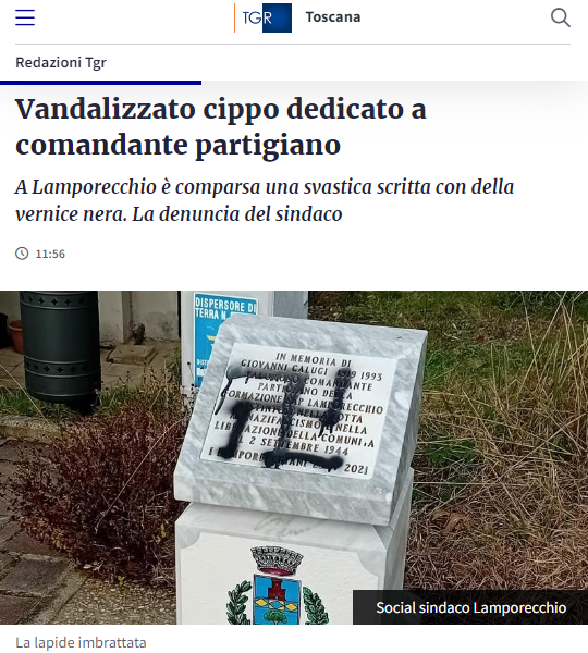 FI_Possibile's tweet photo. Ignoti hanno vandalizzato a Lamporecchio (Pistoia) un cippo, inaugurato nel 2021 e dedicato al #partigiano Giovanni Calugi, disegnandovi una svastica. #Calugi fu comandante partigiano della Sap Lamporecchio, contribuendo alla #liberazione del territorio nel settembre del 1944. https://t.co/UiyvpfxBGD
