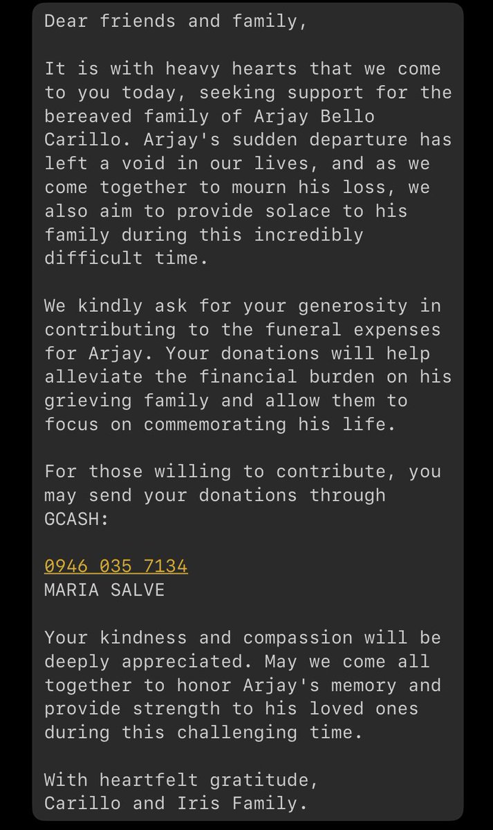 irisGrestobar's tweet photo. Dear friends and family,

It is with heavy hearts that we come to you today, seeking support for the bereaved family of Arjay Bello Carillo. https://t.co/sbCboRhlxc