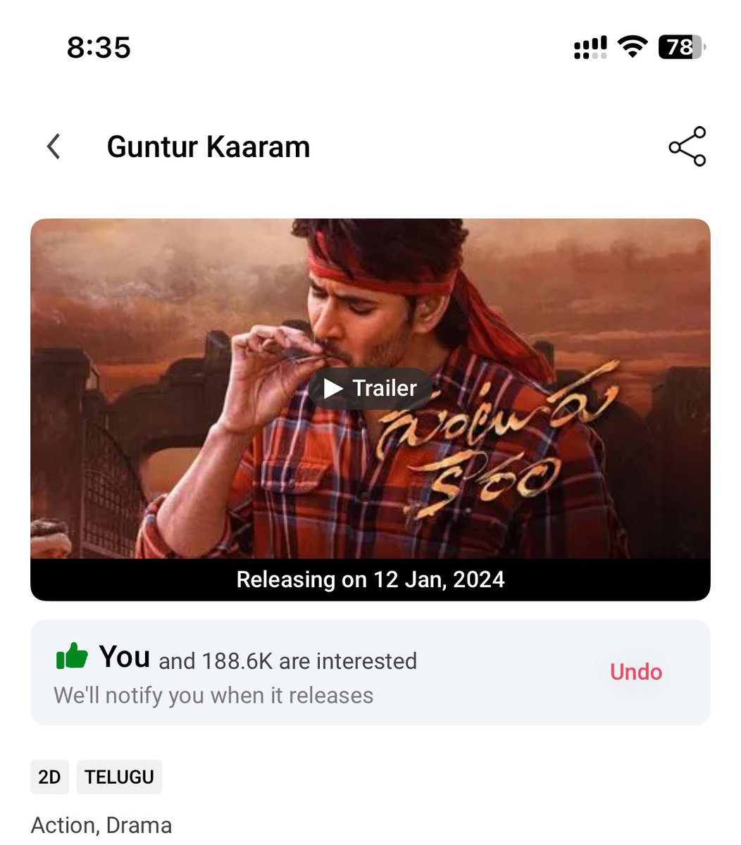 MaheshBabu_FC's tweet photo. 188.6K interests for #GunturKaaram

Lets get 200K today DHFMs!!

Link: https://t.co/Hyduxy2eBY https://t.co/VnYPbQCYFg