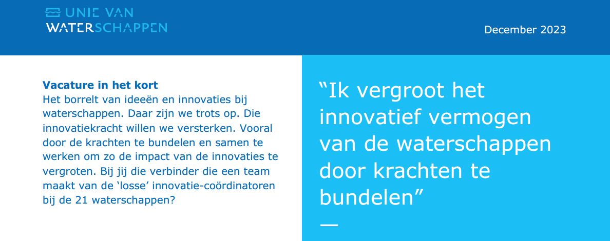 Wij op zoek naar nieuwe beleidsadviseur innovatie. Neem jij de 21 autonome waterschappen die ons land telt hierin mee? Lees dan nu de vacature voor beleidsadviseur innovatie bij de Unie van Waterschappen (reageer voor 15-1)! unievanwaterschappen.nl/over-de-unie/v… #vacature #werkenbij #innovatie