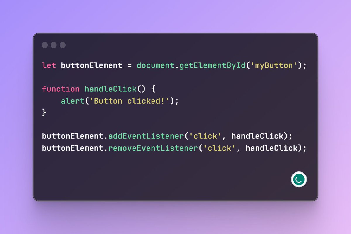 AgitatedAgi's tweet image. 6️⃣ RemoveEventListener: Used to remove a previously added event listener. Callback reference must be the same. 🚫🔊
Keep coding, and stay curious! 💻🚀 #JavaScriptEvents #WebDevelopment #CodeNewbie #LearnToCode #ProgrammingJourney