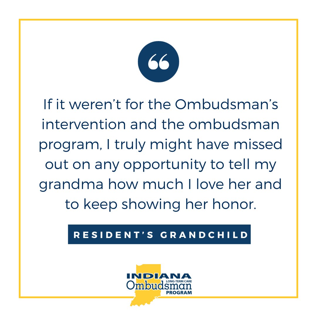 INOmbudsman's tweet image. Are you concerned about someone in a nursing home/assisted living facility? We can help!
We're free and confidential LTC advocates who investigate complaints and provide rights education.
Find your Indiana ombudsman here: in.gov/ombudsman/file…
Not in IN? theconsumervoice.org/get_help