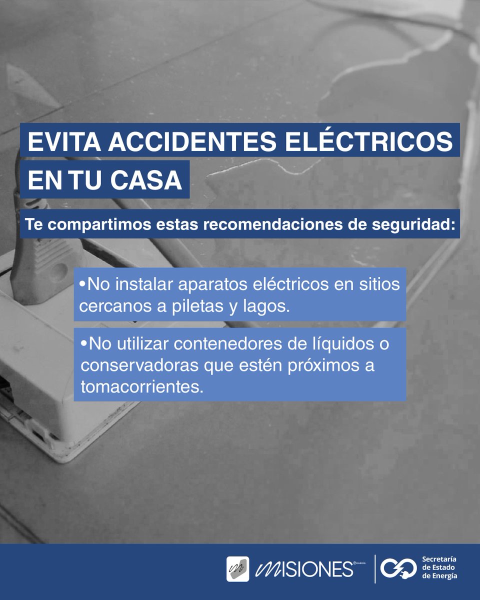 EnergiaMis's tweet photo. #Seguridadelectrica ⚡️
Te dejamos éstos tips para evitar accidentes eléctricos en tu casa.
🔌🏠
@gobiernodemisiones
#hacemosquelabuenaenergiacrezca https://t.co/7TkxvCDLOp