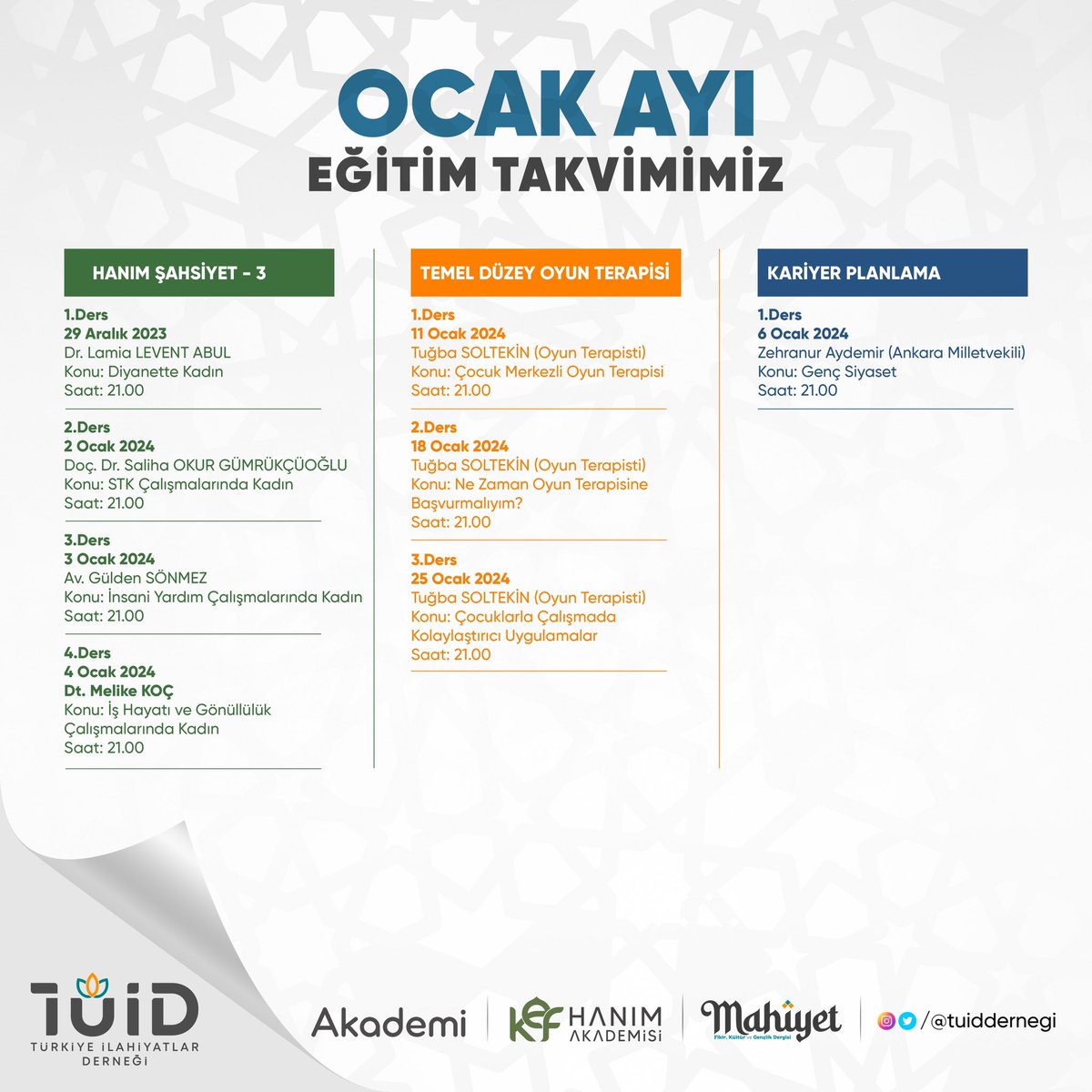 tuiddernegi's tweet image. Türkiye İlahiyatlılar Derneği Ocak Ayı Eğitim Takvimi 📚
Ocak ayında gerçekleştirmeyi planladığımız eğitimleri sizinle paylaşmak isteriz!
Eğitimlerimizin paylaşıldığı whatsapp gönüllü/duyuru grubumuza katılmak isteyenler için link bio’da!
#TUID #Eğitim #Aralık #İlahiyat