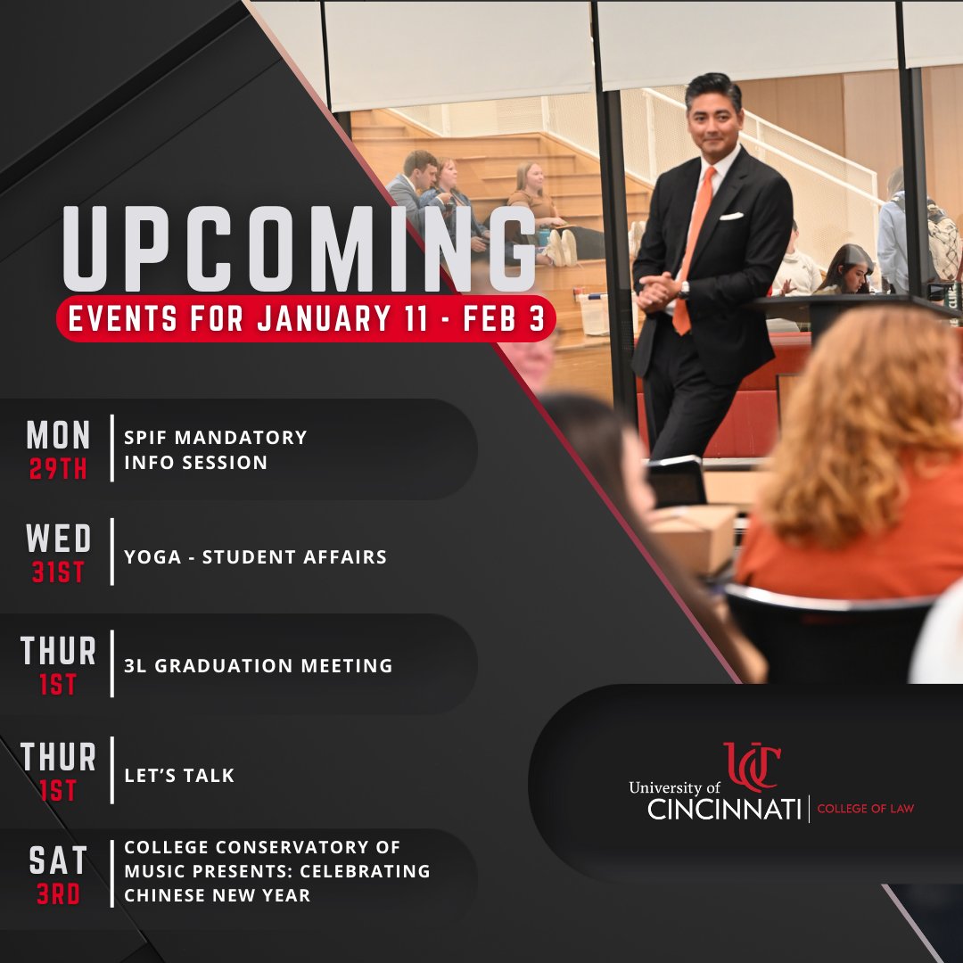 Get ready for a lineup of stellar events at UC College of Law! 

From insightful lectures to networking opportunities, we've got it all. 
Mark your calendars and join us