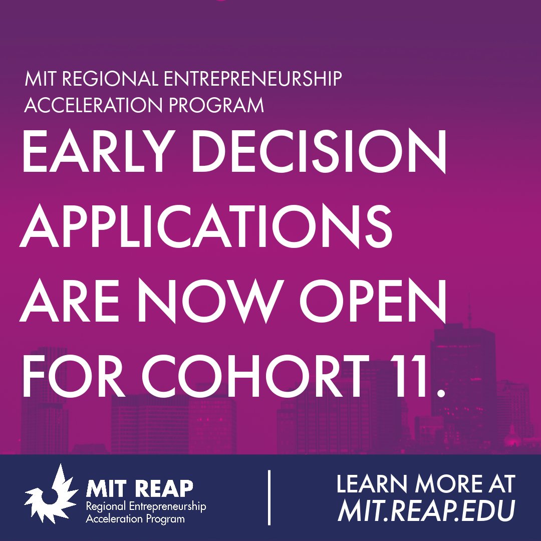 MIT_REAP's tweet image. Early decision applications are now open for Cohort 11 of MIT REAP - Regional Entrepreneurship Acceleration Program (MIT REAP).

For information regarding the team assembly criteria and application process, visit: reap.mit.edu/get-involved/a….

#MITREAP