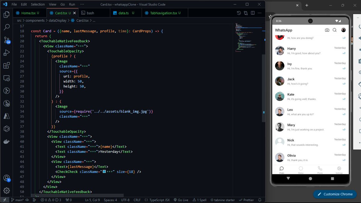 tehseen_type's tweet photo. Day 1 of learning by building #reactnative  challenge: Learned how to use #nativewind and #reactnavigation to build a chat screen. Check out the screenshot and resources below. What do you think? #100DaysOfCode #LearnInPublic 

code: https://t.co/jjJQcAR4kn https://t.co/N6RlDnylHG