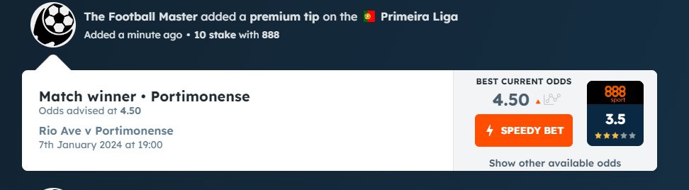 T_Foot_Master's tweet image. "Thursday's Bet of The Day "      
7 January / Portuguese Primeira Liga
Rio Ave vs Portimonense 
Portimonense to win @ 4.50 @888

#FreePick #BOTD like retweet
