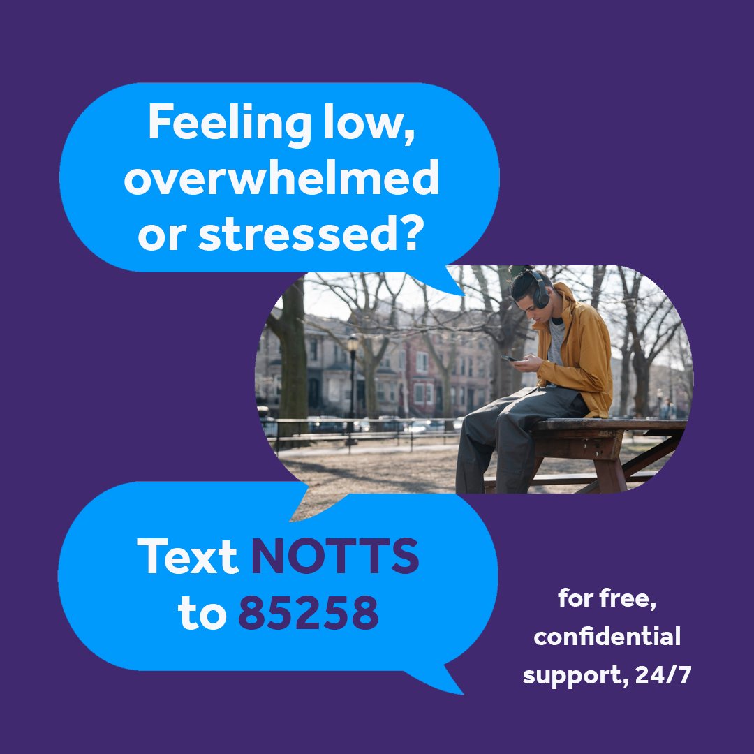 🌧️Feeling low, overwhelmed or stressed?🌧️

SHOUT is there to listen.

You can text NOTTS to 85258 for free, confidential support, 24/7.

Please share with our children and young people in #Nottingham and #Nottinghamshire

#NottAlone #YouAreNotAlone #SHOUT #MentalHealthMatters