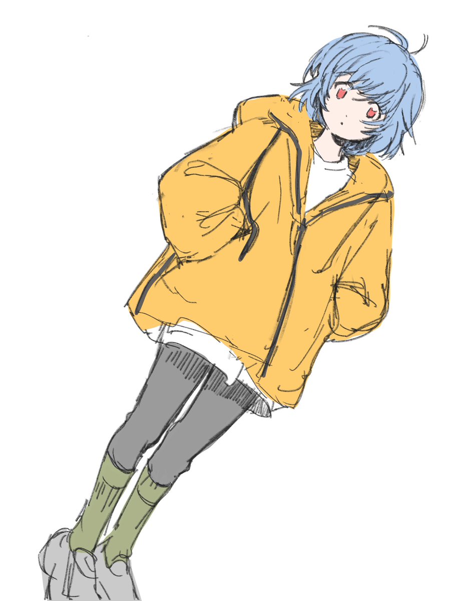 ayanami rei 1girl solo blue hair white background hands in pockets simple background grey footwear  illustration images